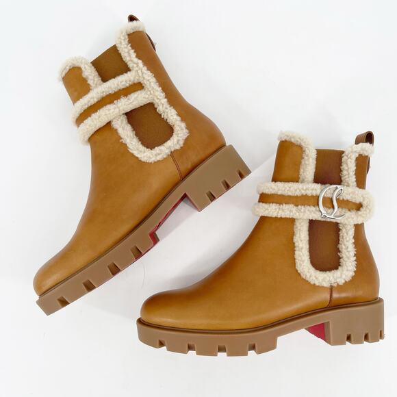 Christian Louboutin Tan Beige CL Chelsea Booty Lug Shearling Ankle Boots EU 39.5 - Picture 5 of 14